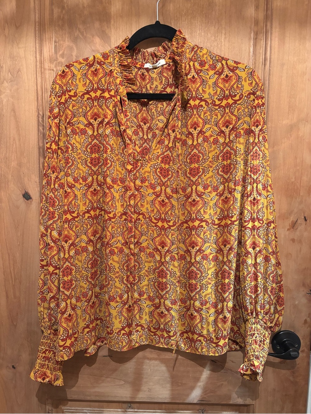 Max Studio Yellow and Red Paisley Ruffle-Neck Blouse